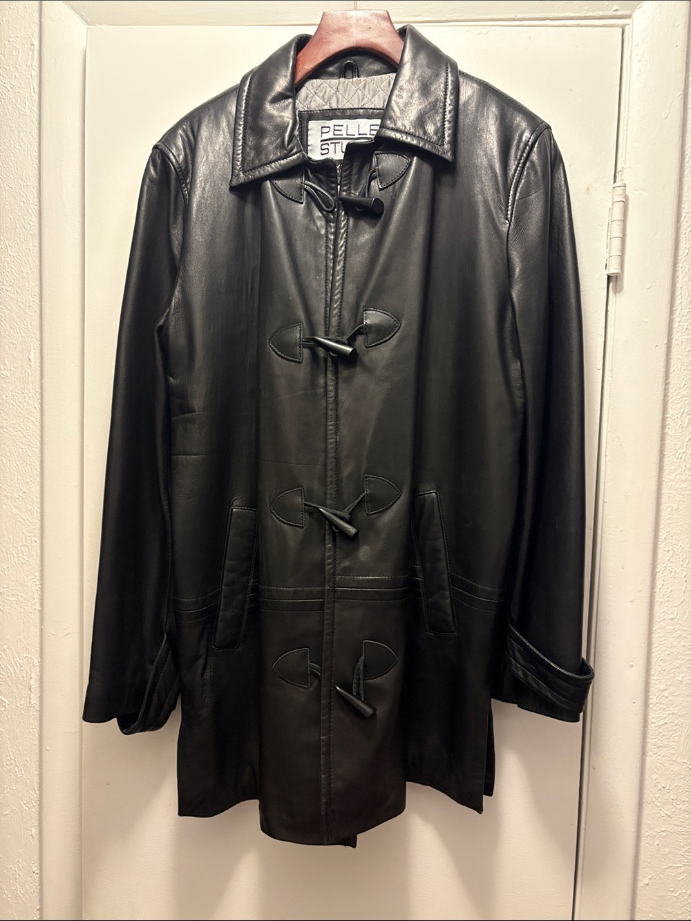 Wilsons Leather Black Leather Toggle Trench Coat